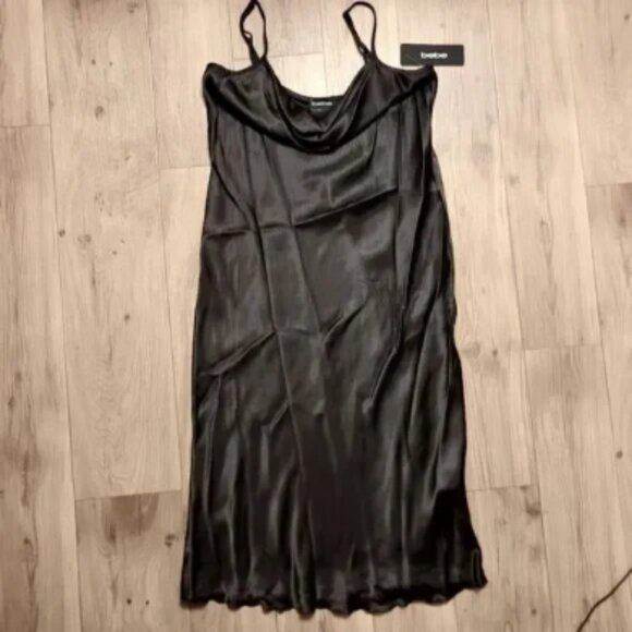 Bebe Cow Neck Satin Black Slip Dress Size M NWT - Picture 1 of 5